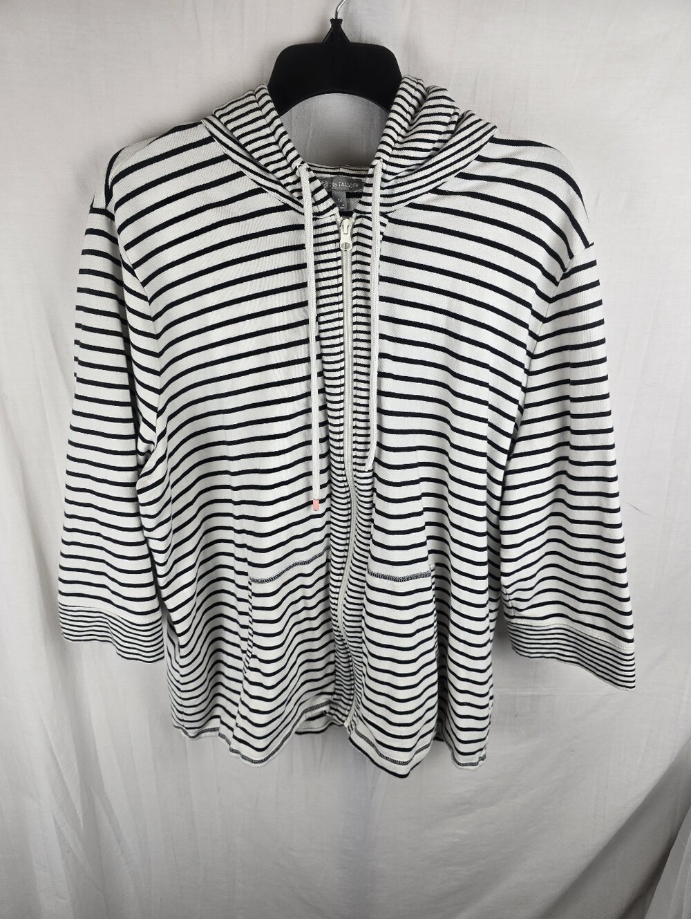 T By Talbot's Striped Zip-Up Hoodie White and Black 3/4th Length Sleeve Sz 3X